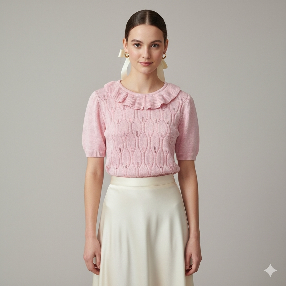 Vintage D'Allaird's Pink Pointelle Knit Top Ruffle Collar Short Sleeve Canada L